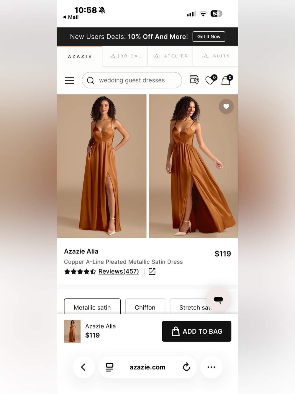 Azazie Copper Alia A-Line Metallic Satin Maxi Dress